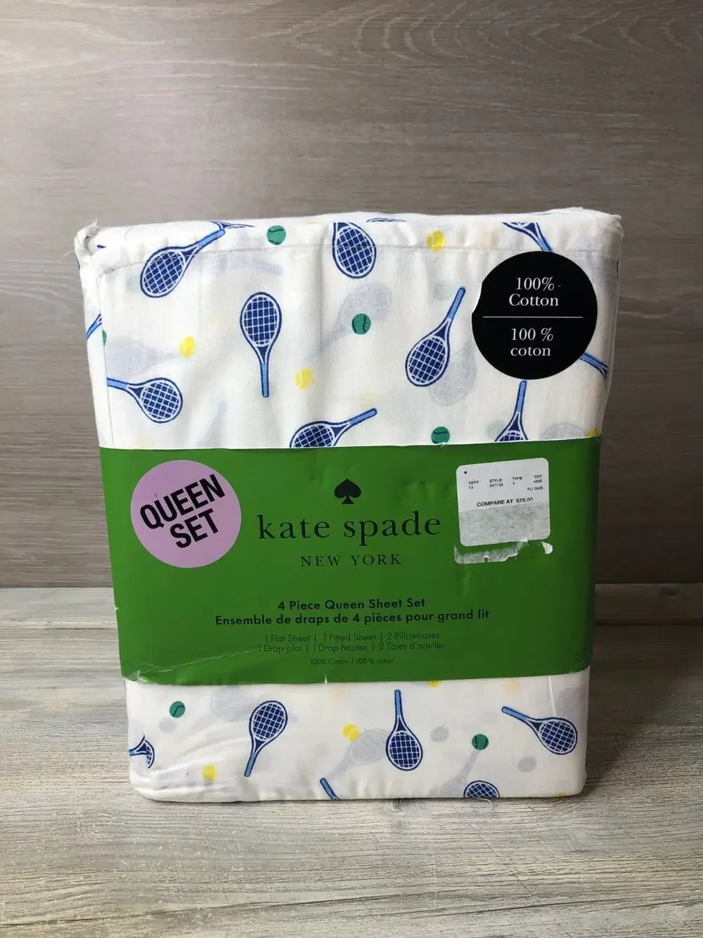Kate Spade New York Queen Sheet Set 100% Cotton Tennis Racket 4 Piece New